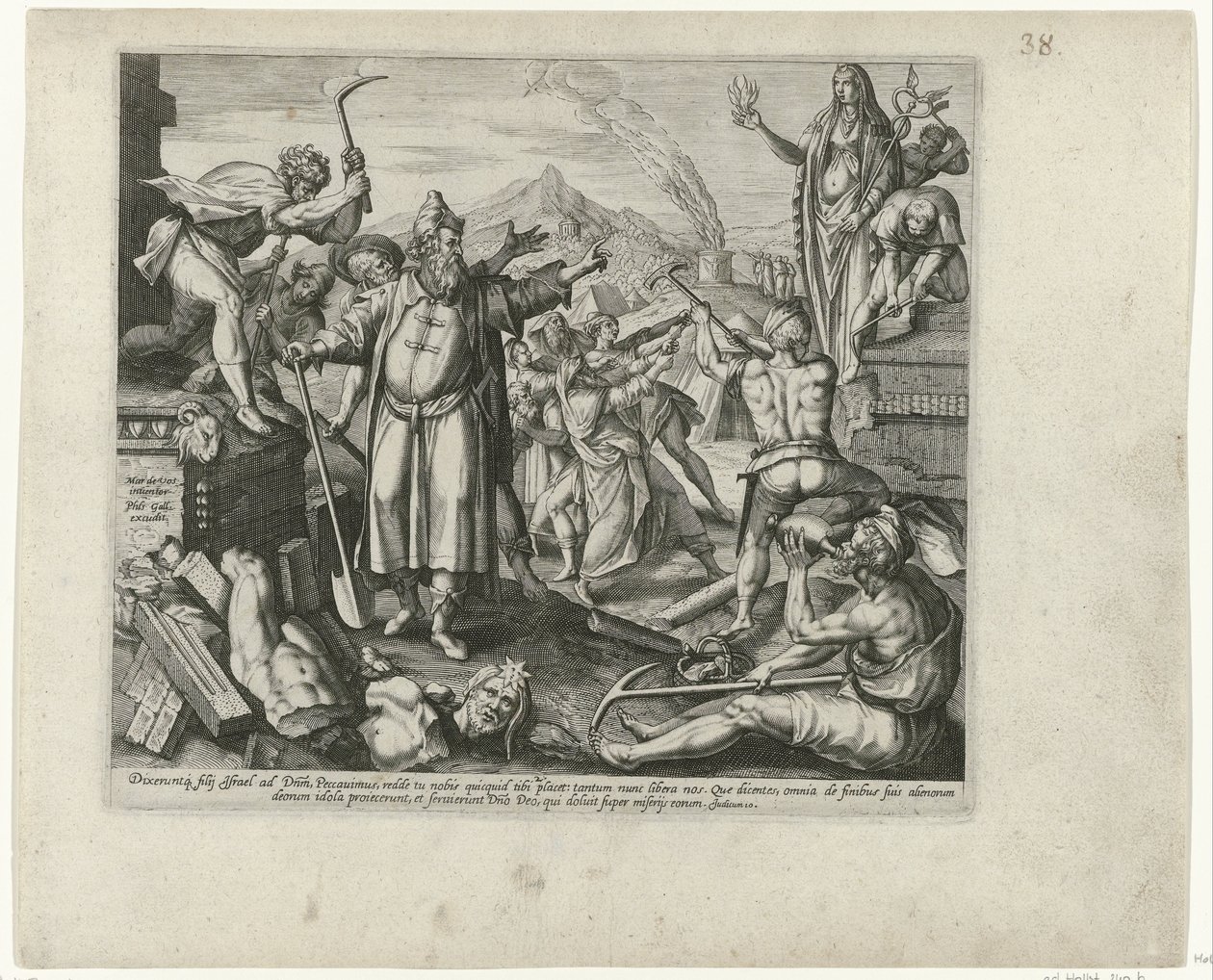Vernietiging van de afgodsbeelden van Baal Boetedoening en berouw in het Oude Testament en het Nieuwe Testament (serietitel) En form for guddommelig overbærenhed og barmhjertighed over for dem, hvis overtrædelser han omvender sig af hele sit hjerte og vend af Philips Galle (attributed to workshop of)