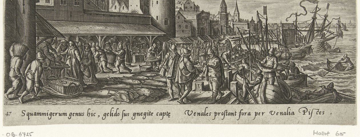 Vismarkt Jacht en visvangst (serietitel) Jagt-, fiskeri- og jagttyper (serietitel) af Philips Galle (attributed to workshop of)
