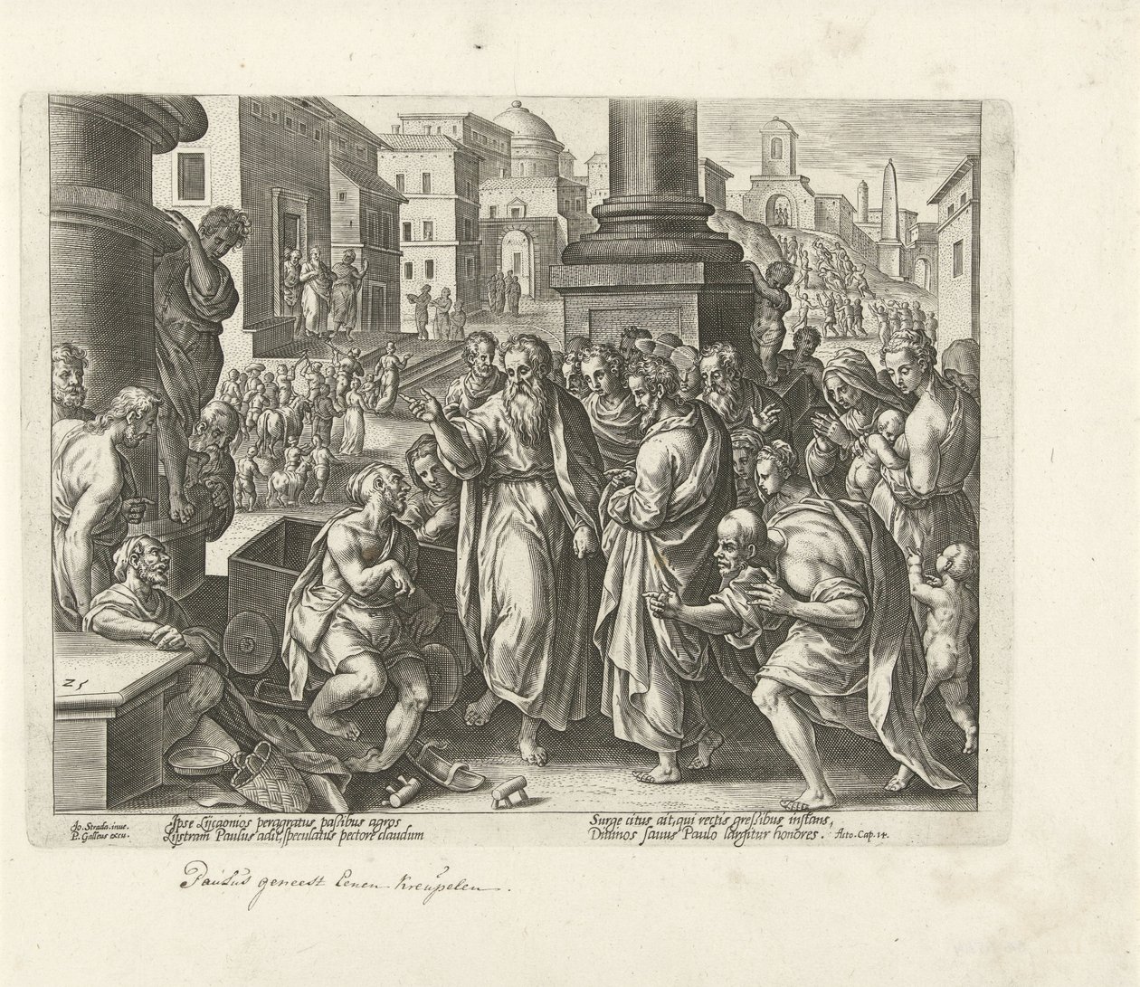 Paulus helbreder en krøbling i Lystra Apostlenes Gerninger (serietitel) Acta Apostolorum (serietitel) af Philips Galle (possibly)