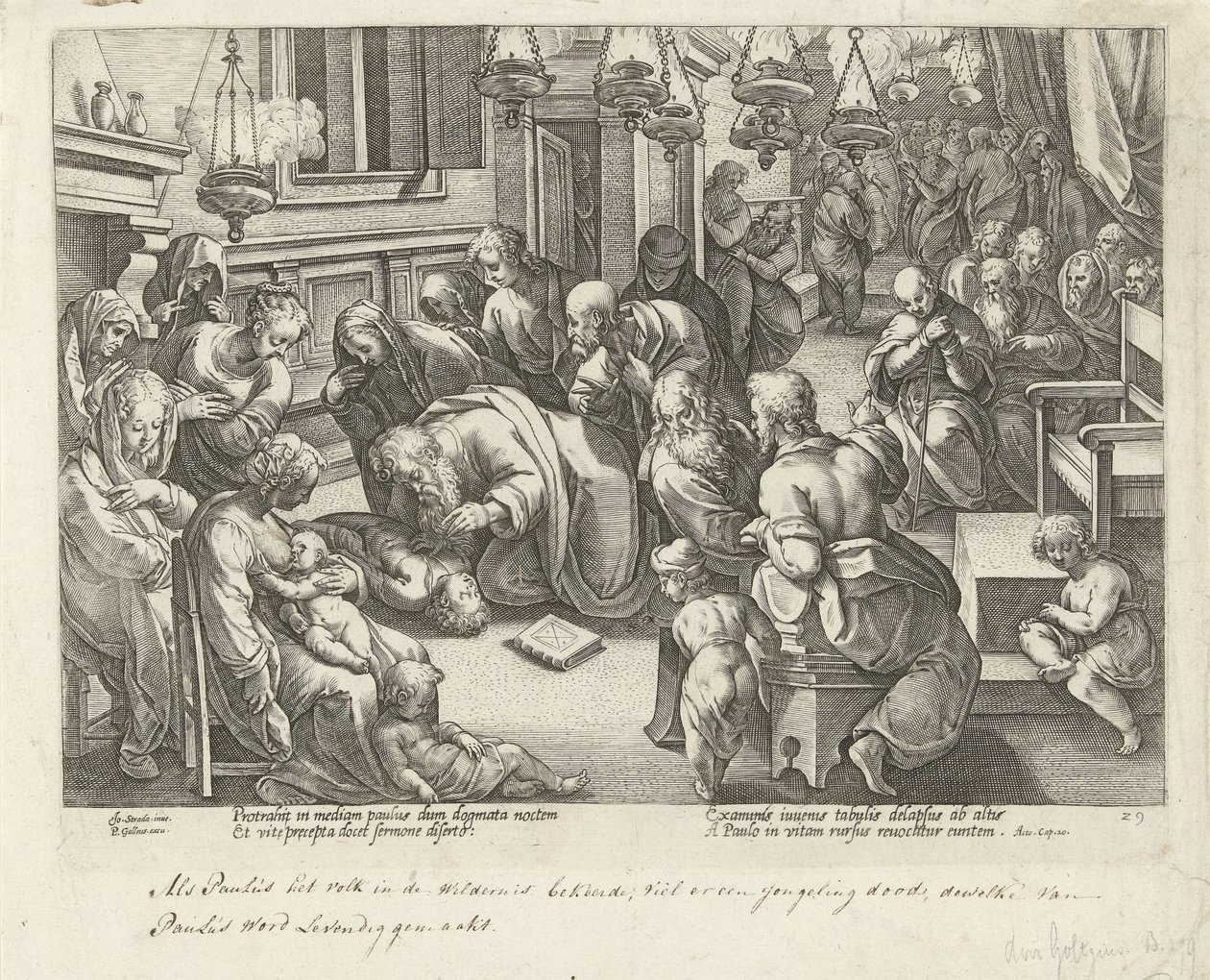 Paulus vækker Eutychus tilbage til livet Apostlenes Gerninger (serietitel) Acta Apostolorum (serietitel) af Philips Galle (workshop of)