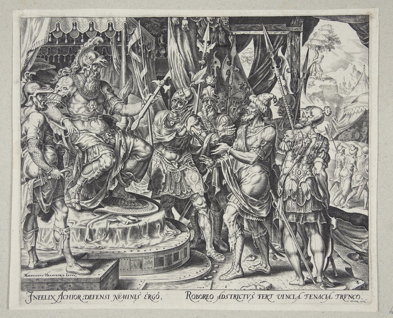 Achior bønfalder Holofernes for israelitterne af Philips Galle