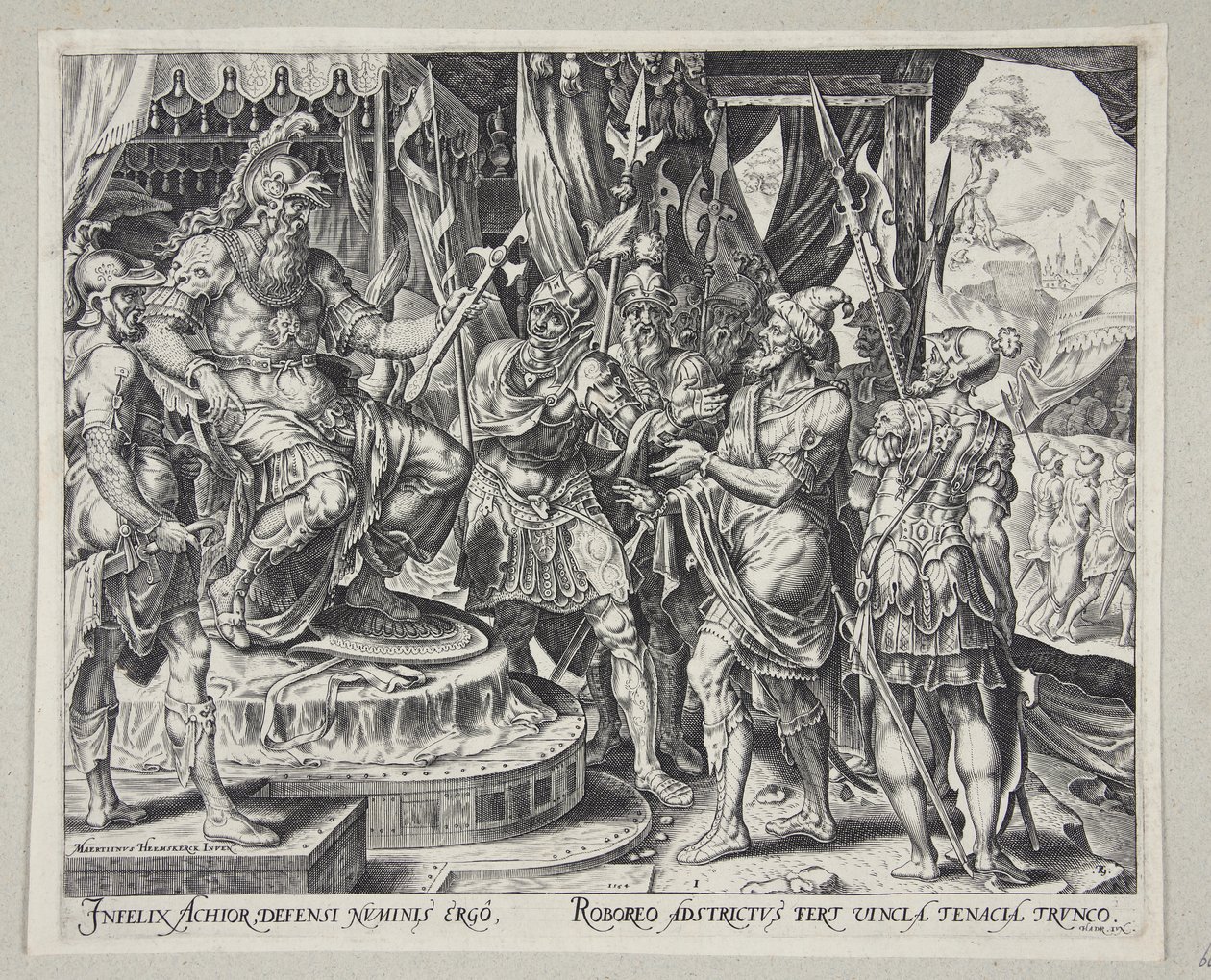 Achior bønfalder Holofernes for israelitterne af Philips Galle