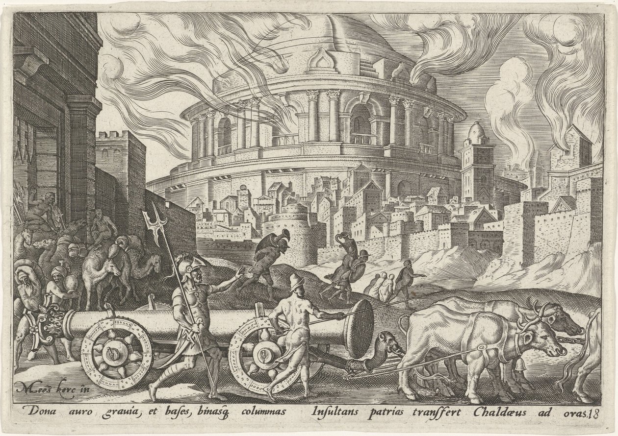 Kaldæerne tager søjlerne i Jerusalems tempel The Days of Doom of the Jewish People (serietitel) af Philips Galle