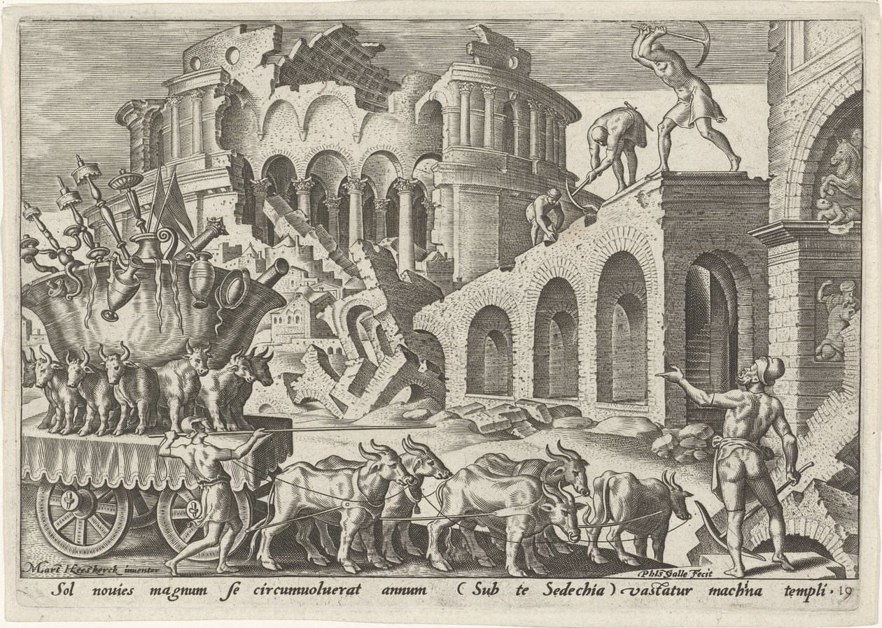 Kaldæerne plyndrer Jerusalems tempel The Days of Doom of the Jewish People (serietitel) af Philips Galle