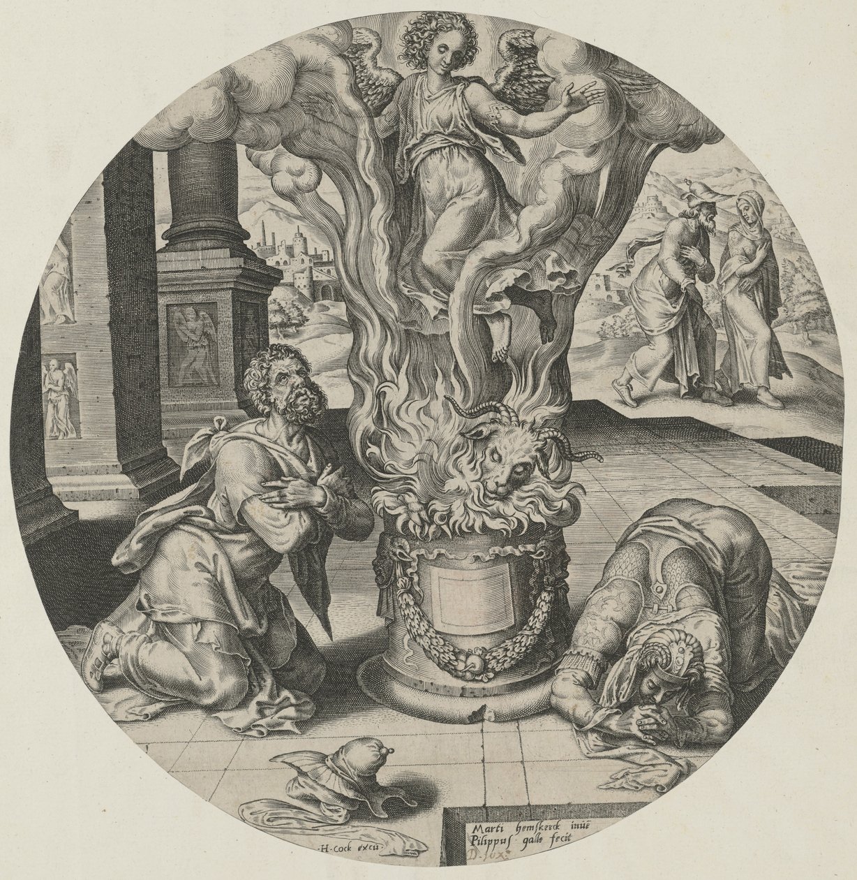 En engel dukker op i flammerne af Philips Galle