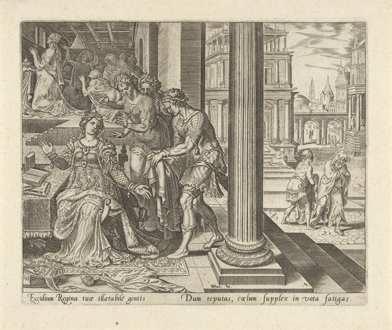 Ester hører fra sine tjenestepiger, at Mordokaj har sørgetøj på History of Esther (serietitel) af Philips Galle