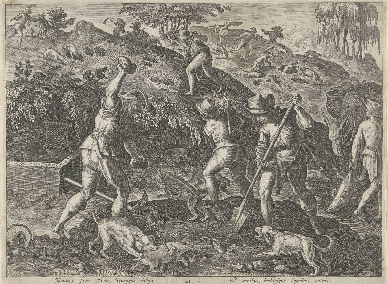 Jacht op dassen Jachttaferelen (serietitel) hvor enhver slags jagt, fuglefangst og fiskeri (serietitel) af Philips Galle