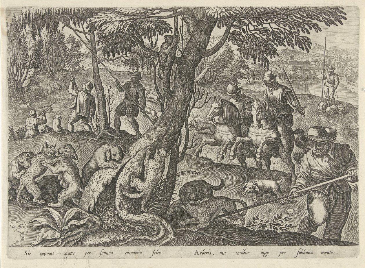 Jacht op vilde katten Jachttaferelen (serietitel) hvor enhver slags jagt, fuglefangst og fiskeri (serietitel) af Philips Galle