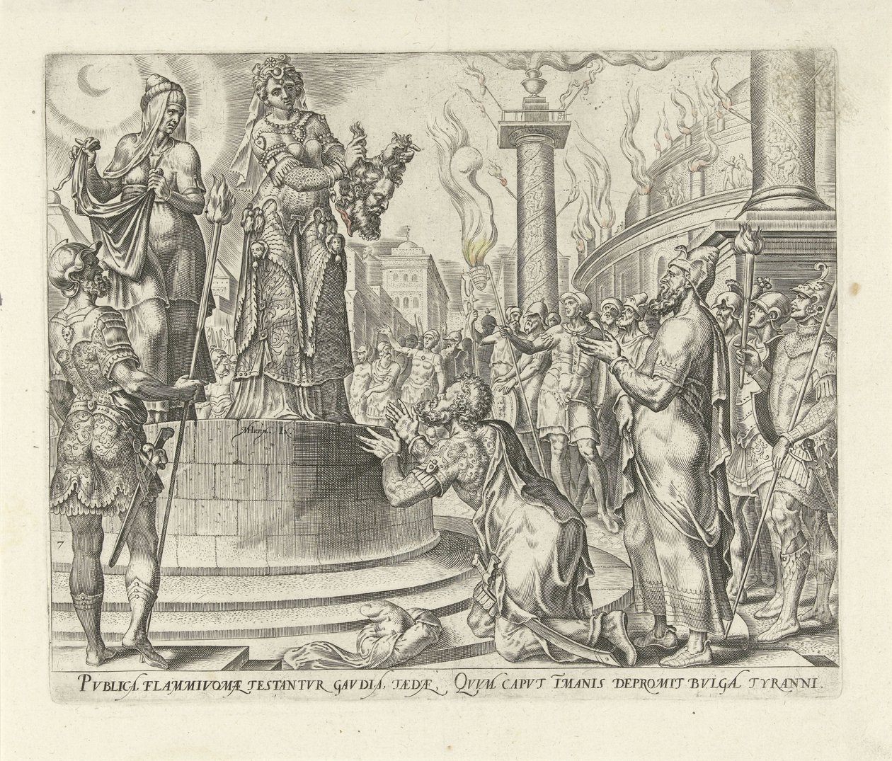 Judith viser hovedet af Holofernes til folket Judits og Holofernes historie (serietitel) af Philips Galle