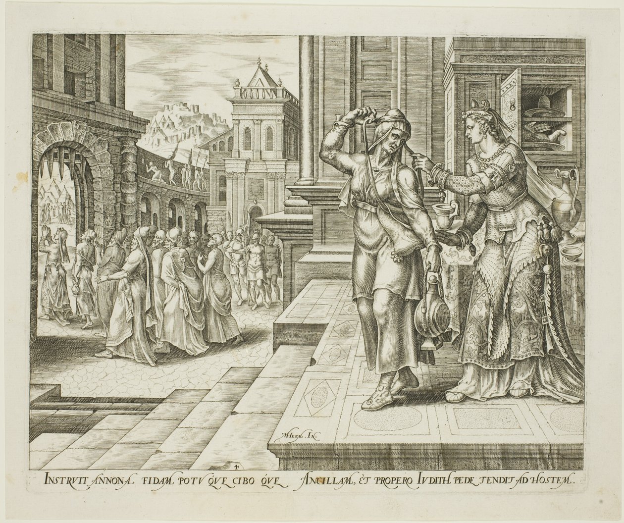 Judith forbereder sig på at tage til fjendernes lejr, planche fire fra The Story of Judith and Holofernes af Philips Galle