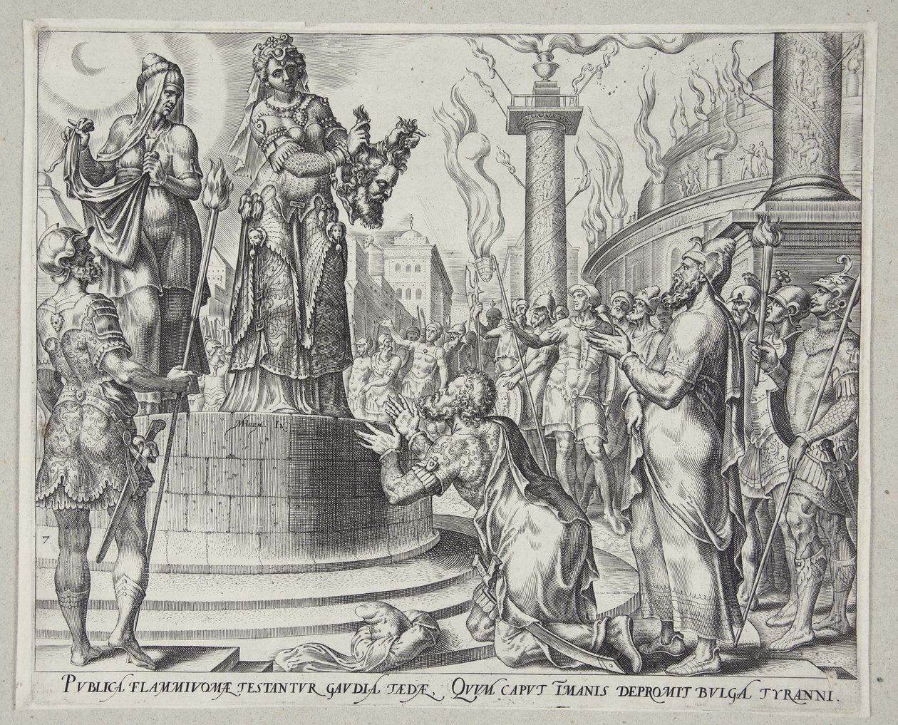 Judith viser hovedet af Holofernes frem for befolkningen i Bethulia af Philips Galle