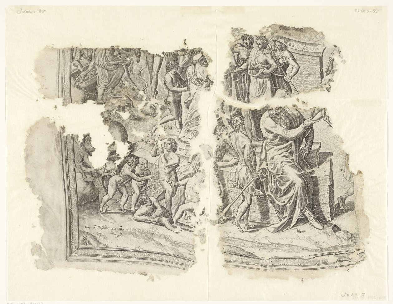 Nederste venstre hjørne af et print af scenen af ​​Cebes Tabula Cebetis Carta Vitae (original titel) af Philips Galle