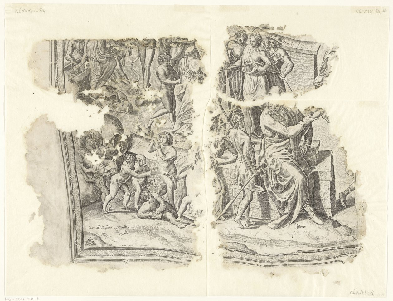 Nederste venstre hjørne af et print af scenen af ​​Cebes Tabula Cebetis Carta Vitae (original titel) af Philips Galle