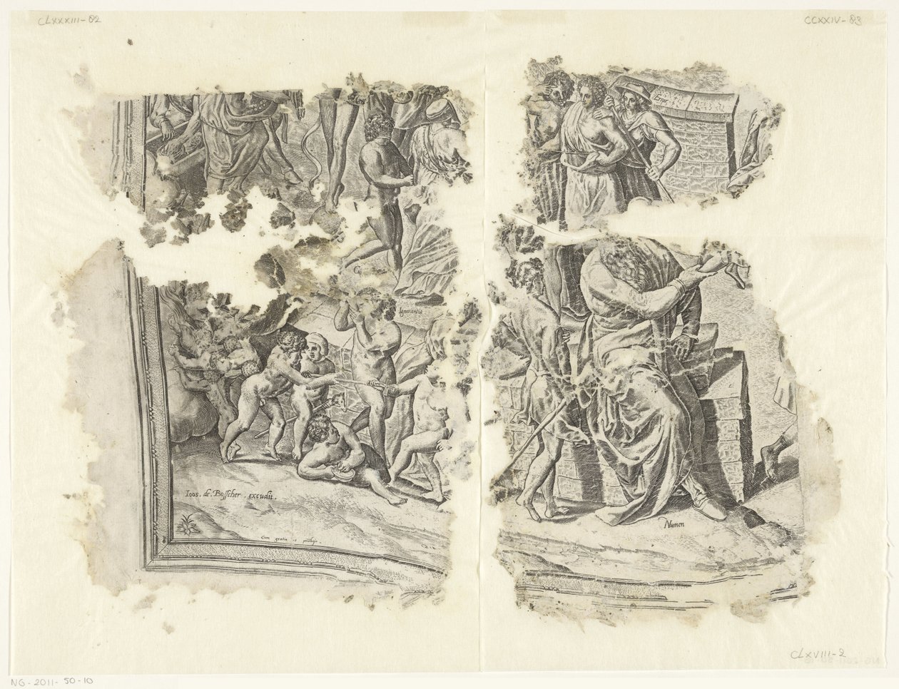 Nederste venstre hjørne af et print af scenen af ​​Cebes Tabula Cebetis Carta Vitae (original titel) af Philips Galle