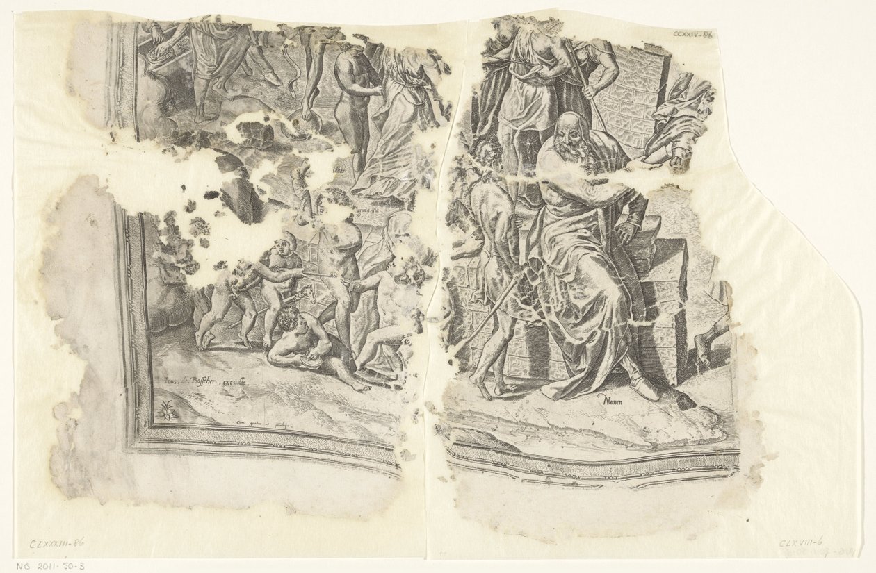 Nederste venstre hjørne af et print af scenen af ​​Cebes Tabula Cebetis Carta Vitae (original titel) af Philips Galle