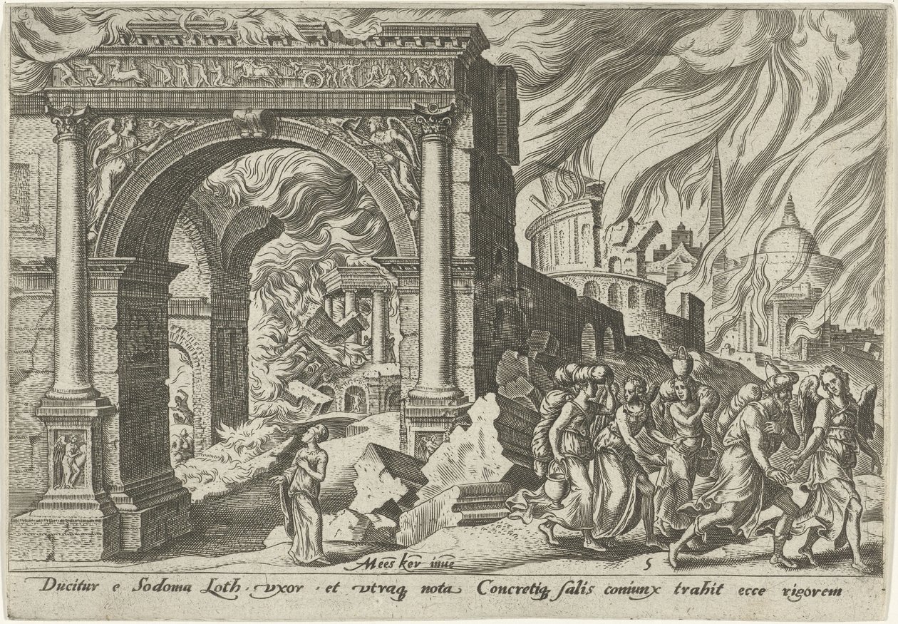 Loth og hans familie forlader byen Sodoma The Days of Doom of the Jewish People (serietitel) af Philips Galle