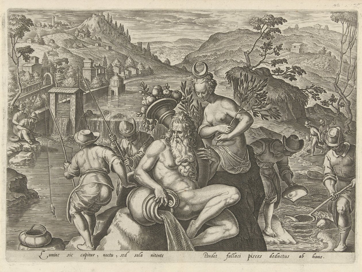 Nachtelijk vissen met een hengel Jachttaferelen (serietitel) hvor enhver slags jagt, fuglefangst og fiskeri (serietitel) af Philips Galle