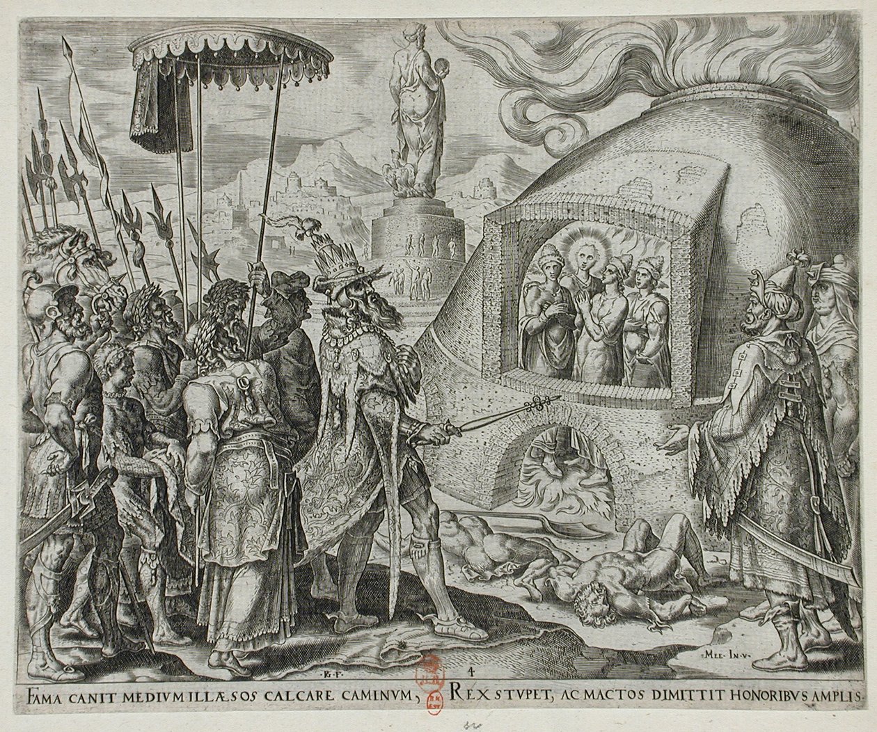 Nebukadnezar ser de tre jøder uskadt i flammerne af Philips Galle