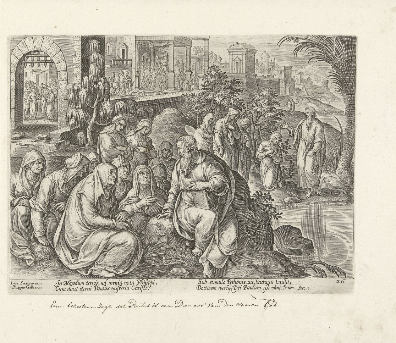 Paulus omvender kvinderne i Filippi Apostlenes Gerninger (serietitel) Acta Apostolorum (serietitel) af Philips Galle