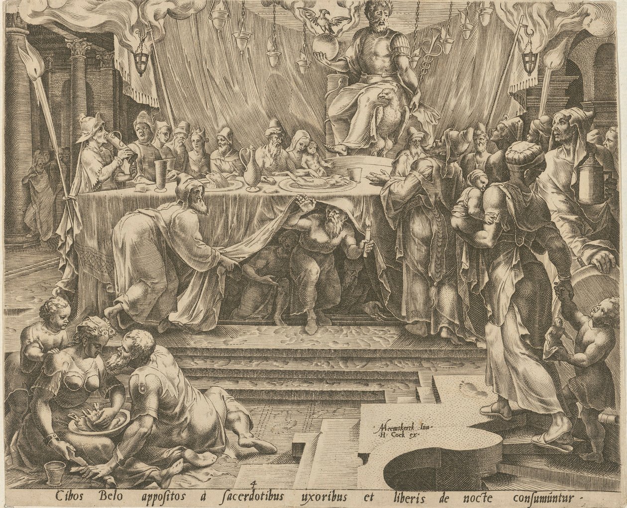 Bel-præsterne spiser og drikker i templet [side 4], og Daniel fodrer dragen [side 7], side 4 og 7 i serien »Historien om Daniel, Bel og dragen« af Philips Galle