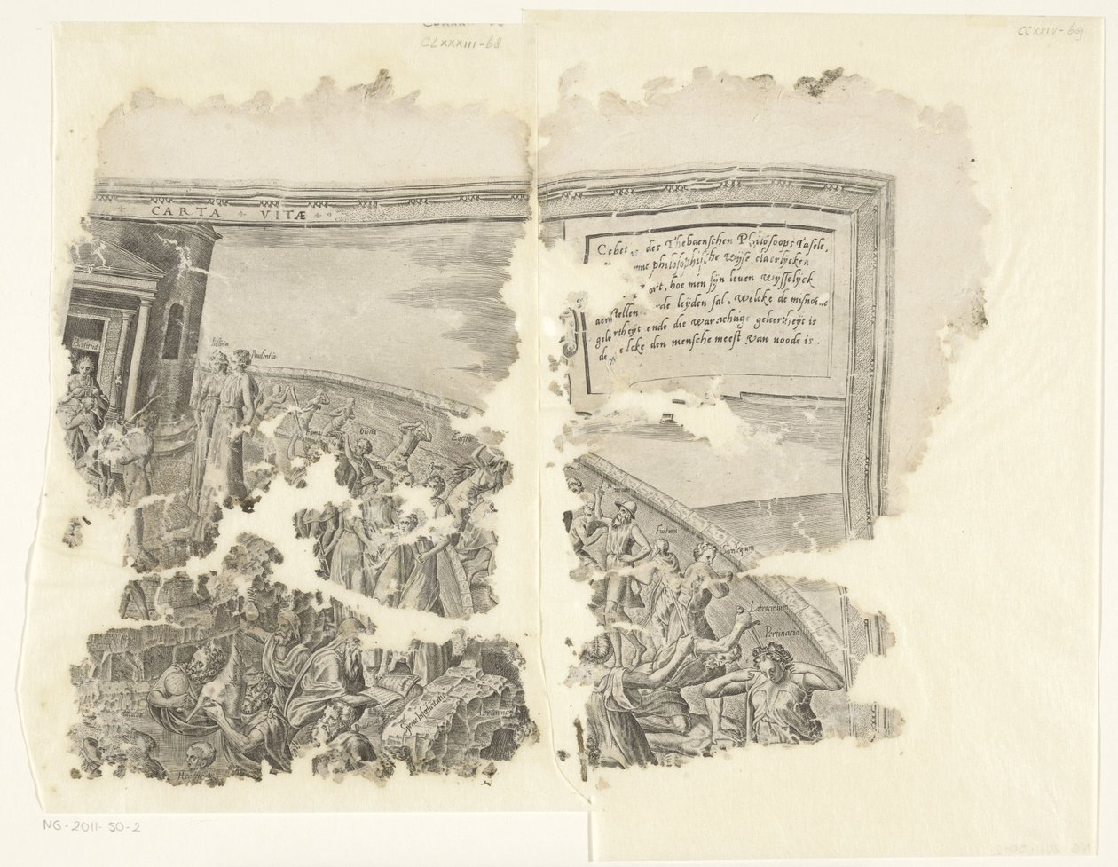 Øverste højre hjørne af et print af scenen af ​​Cebes Tabula Cebetis Carta Vitae (titel på objekt) af Philips Galle