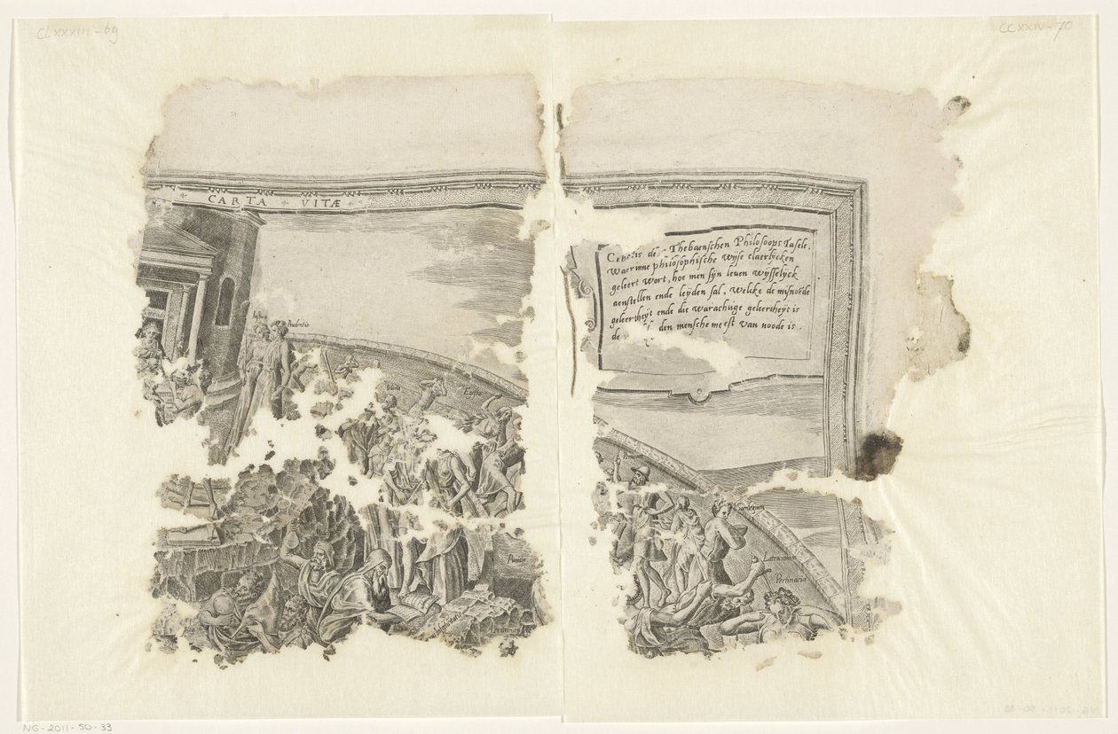 Øverste højre hjørne af et print af scenen af ​​Cebes Tabula Cebetis Carta Vitae (titel på objekt) af Philips Galle