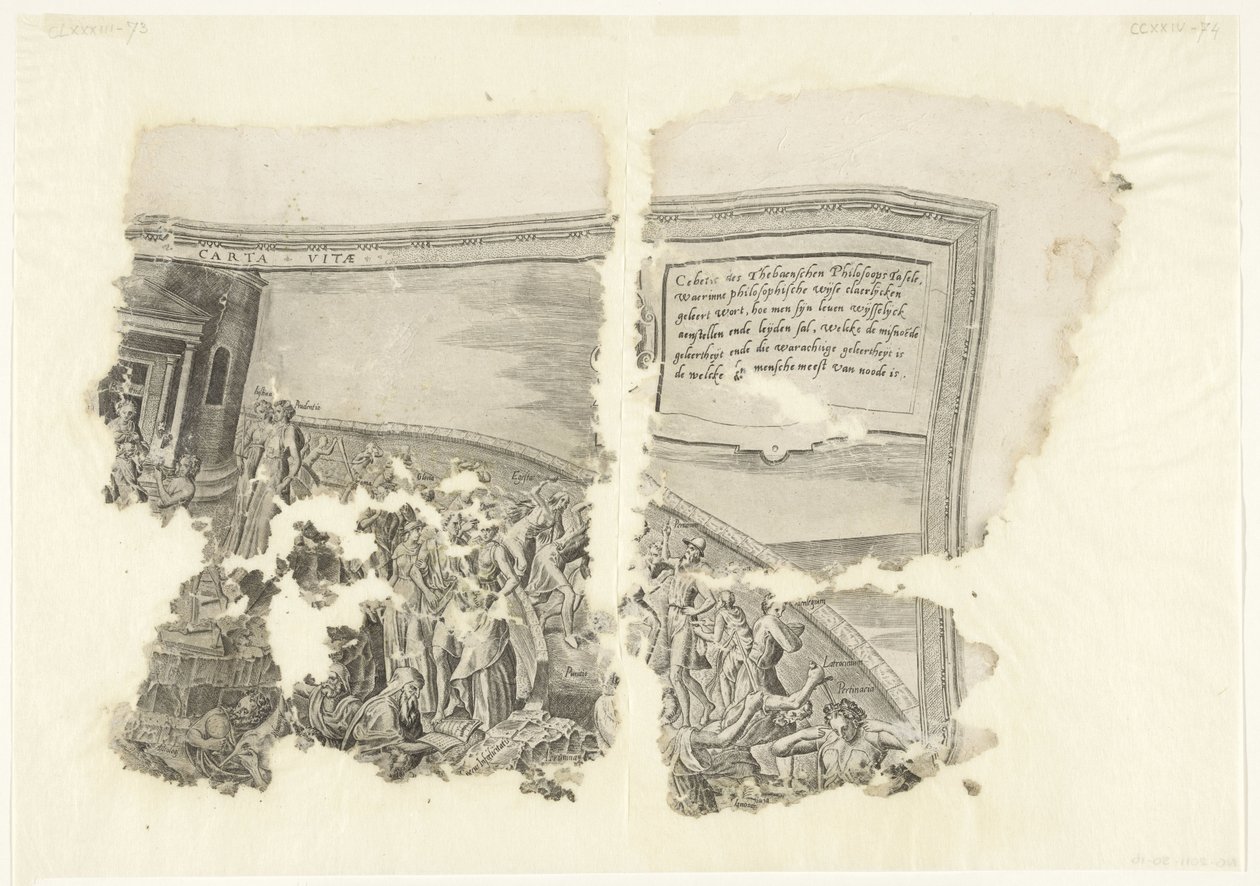 Øverste højre hjørne af et print af scenen af ​​Cebes Tabula Cebetis Carta Vitae (titel på objekt) af Philips Galle