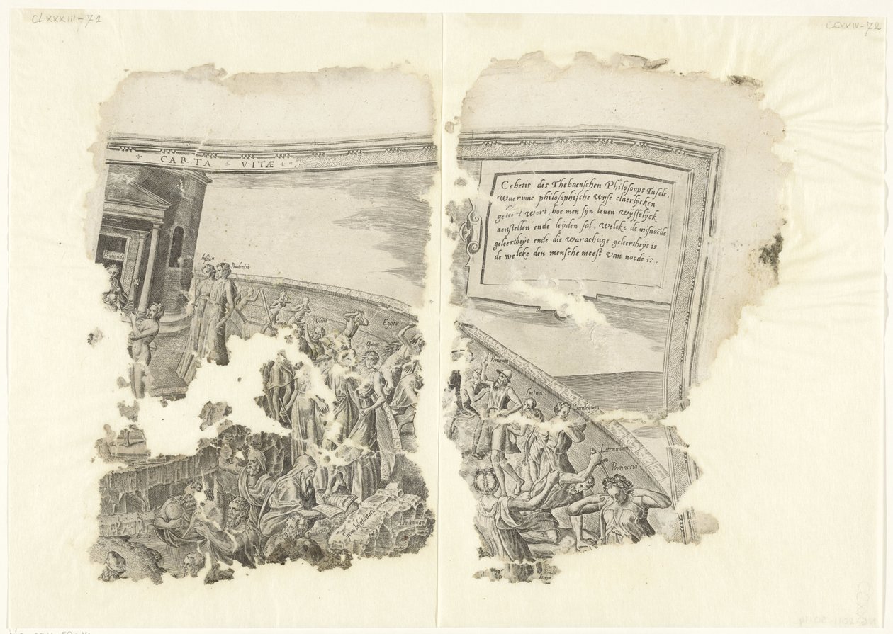 Øverste højre hjørne af et print af scenen af ​​Cebes Tabula Cebetis Carta Vitae (titel på objekt) af Philips Galle
