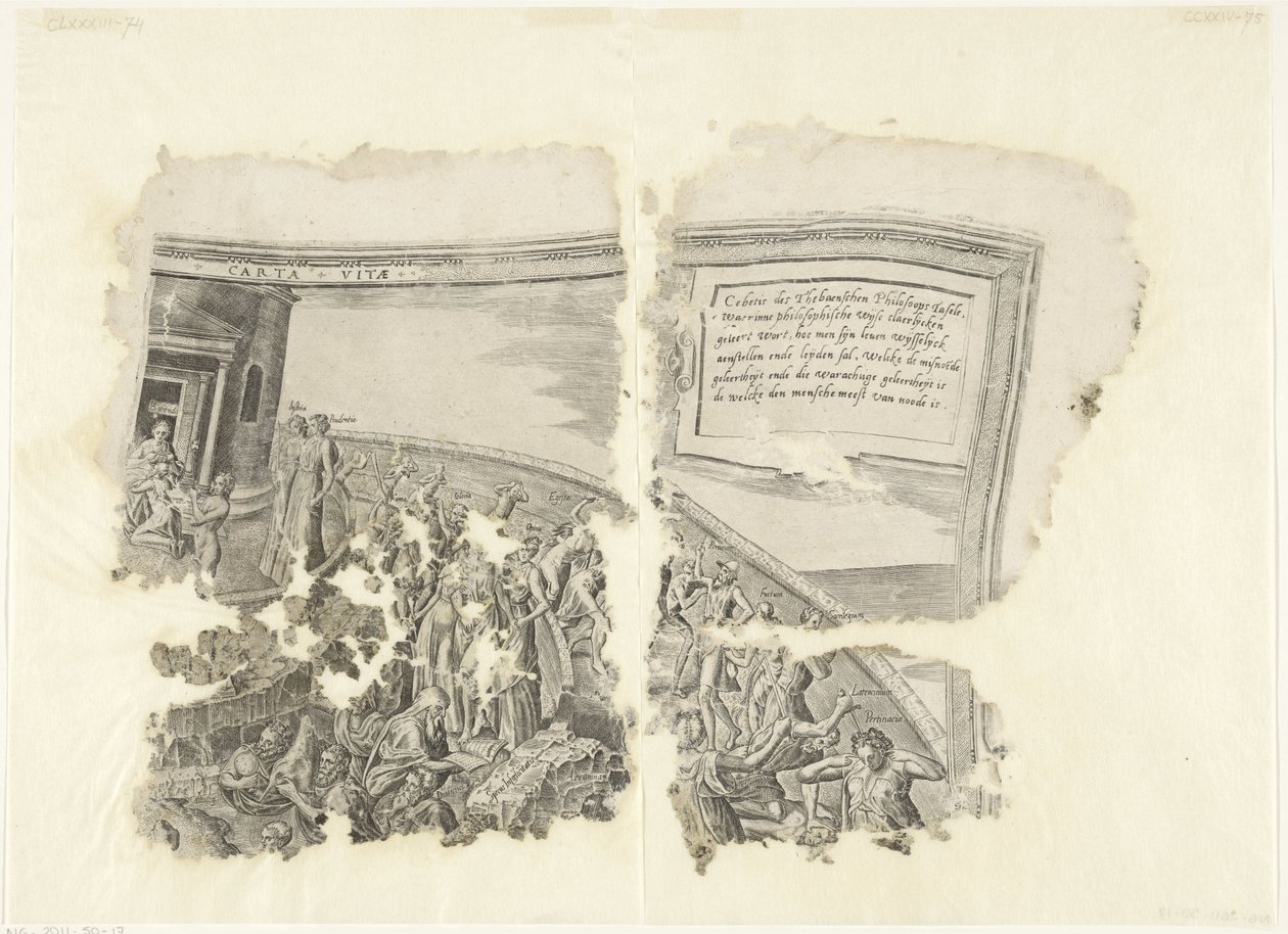 Øverste højre hjørne af et print af scenen af ​​Cebes Tabula Cebetis Carta Vitae (titel på objekt) af Philips Galle