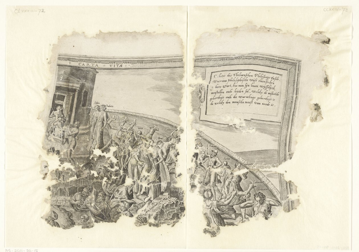 Øverste højre hjørne af et print af scenen af ​​Cebes Tabula Cebetis Carta Vitae (titel på objekt) af Philips Galle