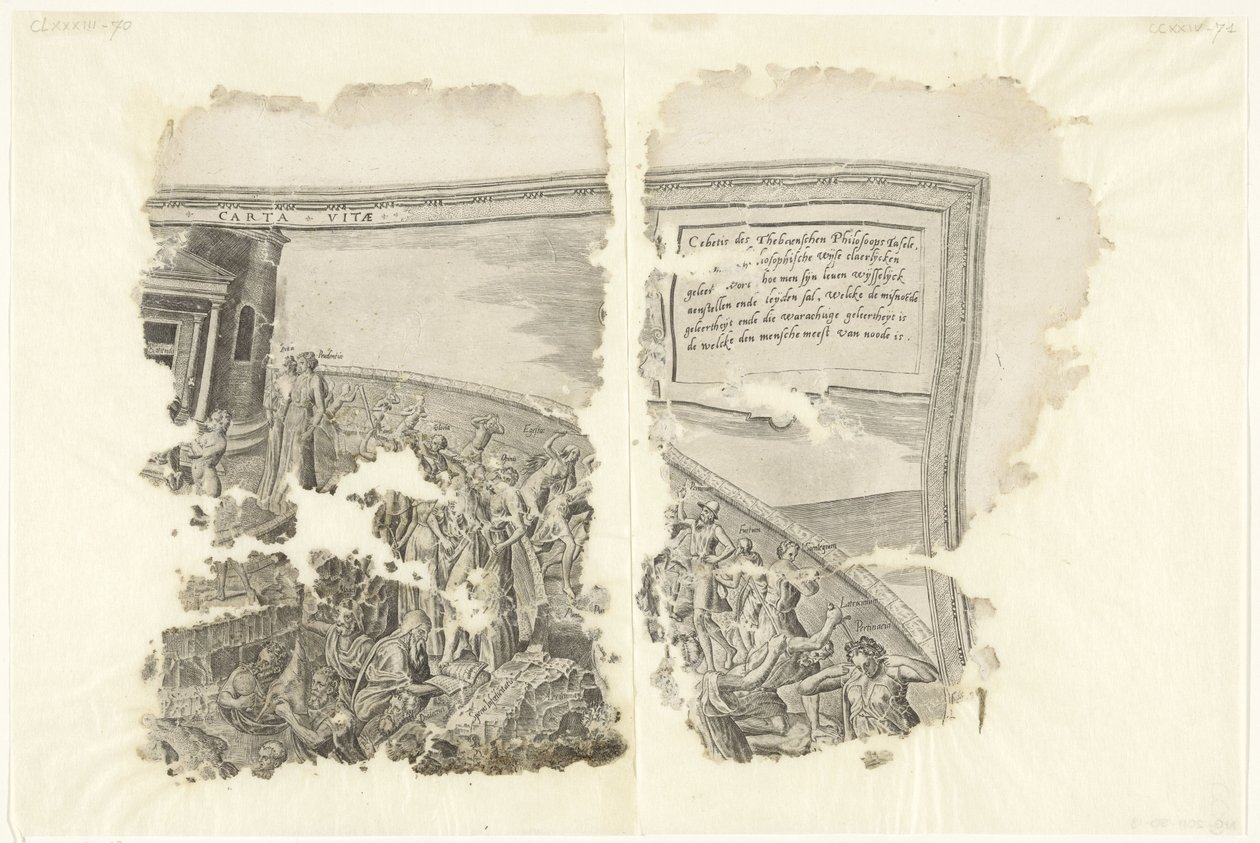 Øverste højre hjørne af et print af scenen af ​​Cebes Tabula Cebetis Carta Vitae (titel på objekt) af Philips Galle