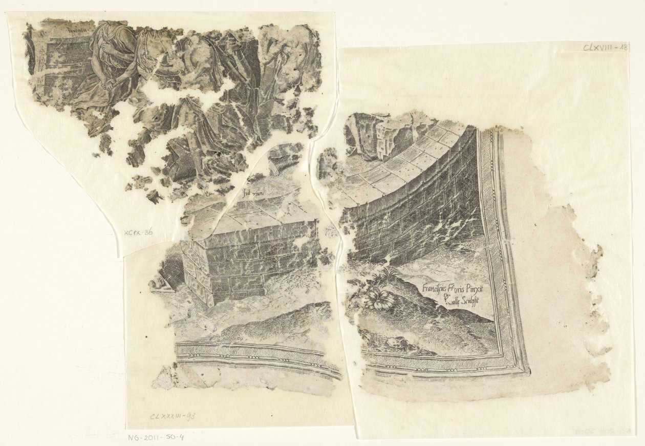 Nederste højre hjørne af et print af scenen af ​​Cebes Tabula Cebetis Carta Vitae (original titel) af Philips Galle
