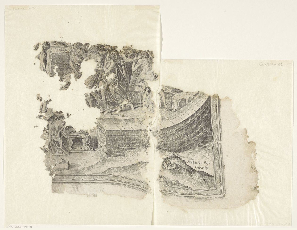 Nederste højre hjørne af et print af scenen af ​​Cebes Tabula Cebetis Carta Vitae (original titel) af Philips Galle