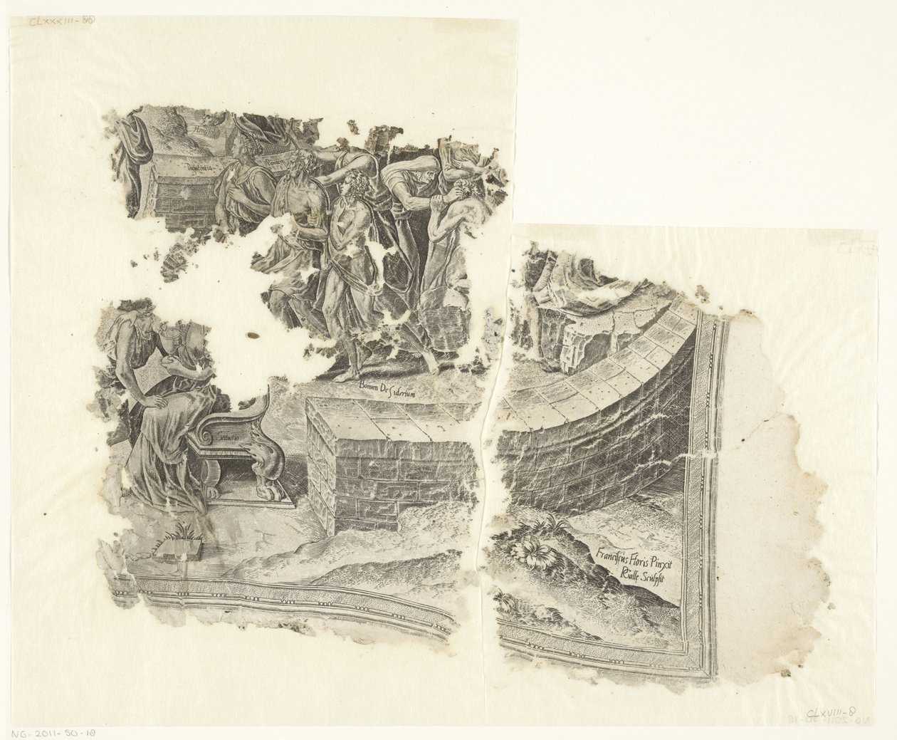 Nederste højre hjørne af et print af scenen af ​​Cebes Tabula Cebetis Carta Vitae (original titel) af Philips Galle