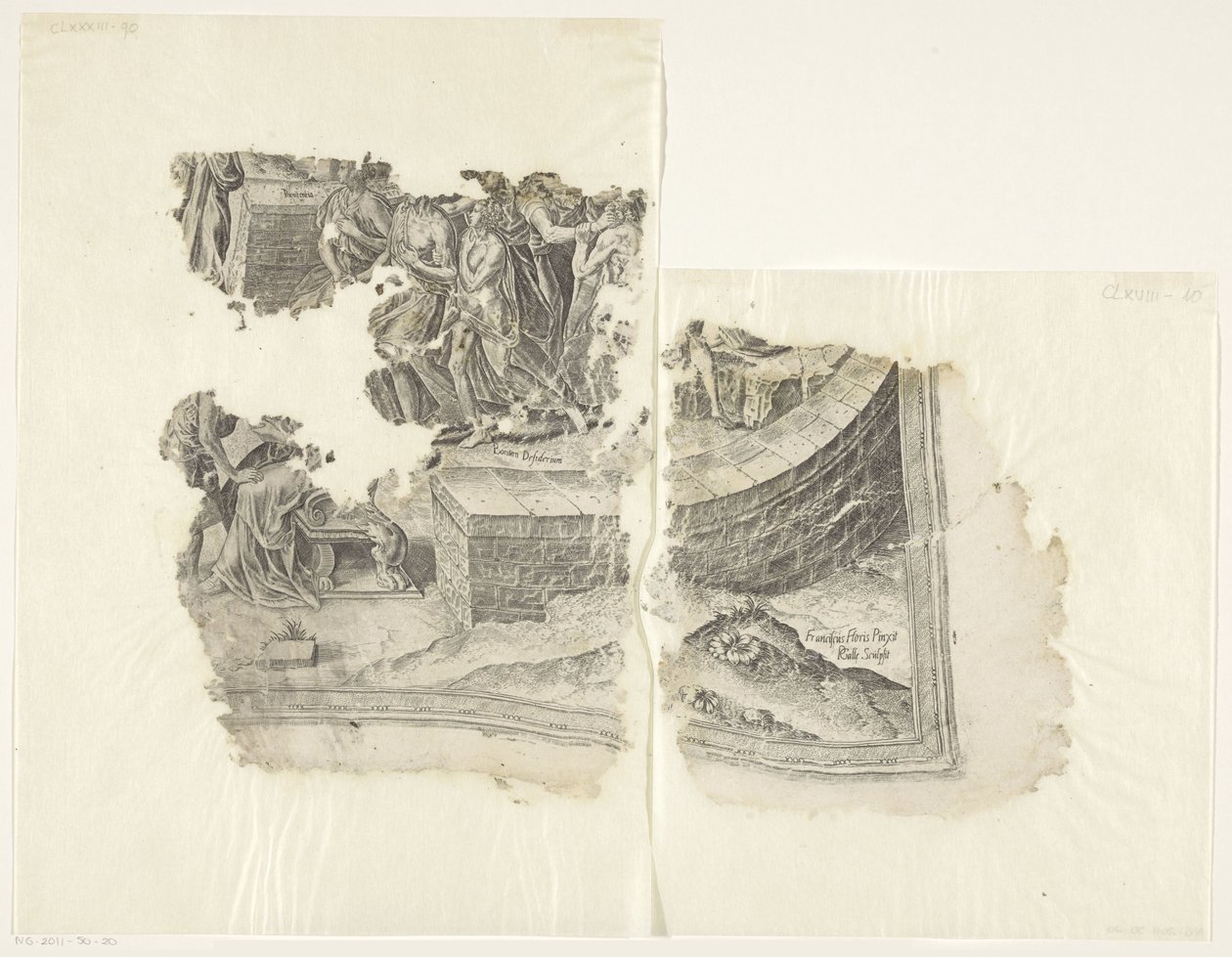 Nederste højre hjørne af et print af scenen af ​​Cebes Tabula Cebetis Carta Vitae (original titel) af Philips Galle