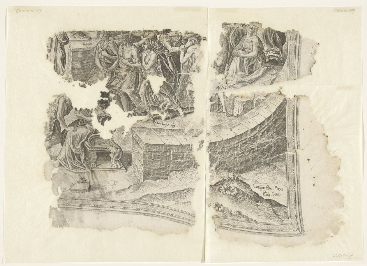 Nederste højre hjørne af et print af scenen af ​​Cebes Tabula Cebetis Carta Vitae (original titel) af Philips Galle