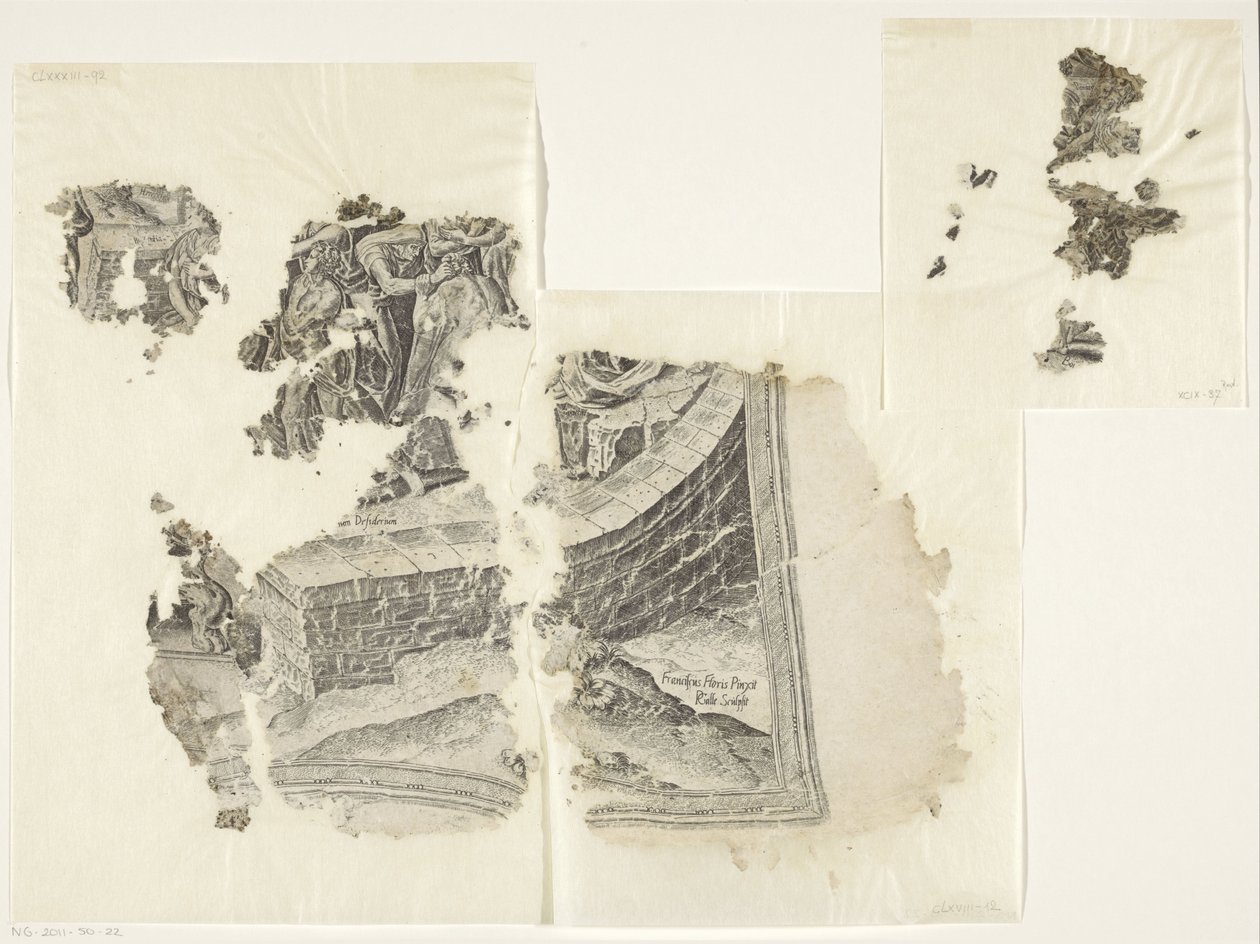 Nederste højre hjørne af et print af scenen af ​​Cebes Tabula Cebetis Carta Vitae (original titel) af Philips Galle