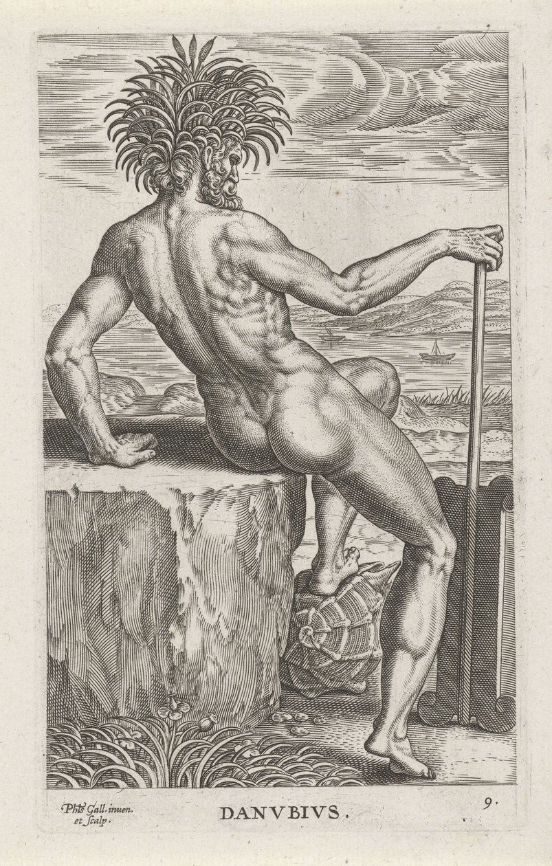Riviergod Donau Danvbivs (titel på objekt) Rivier- en zeegoden (serietitel) Elegante portrætter af de marine halvguder og søløverne (serietitel) af Philips Galle
