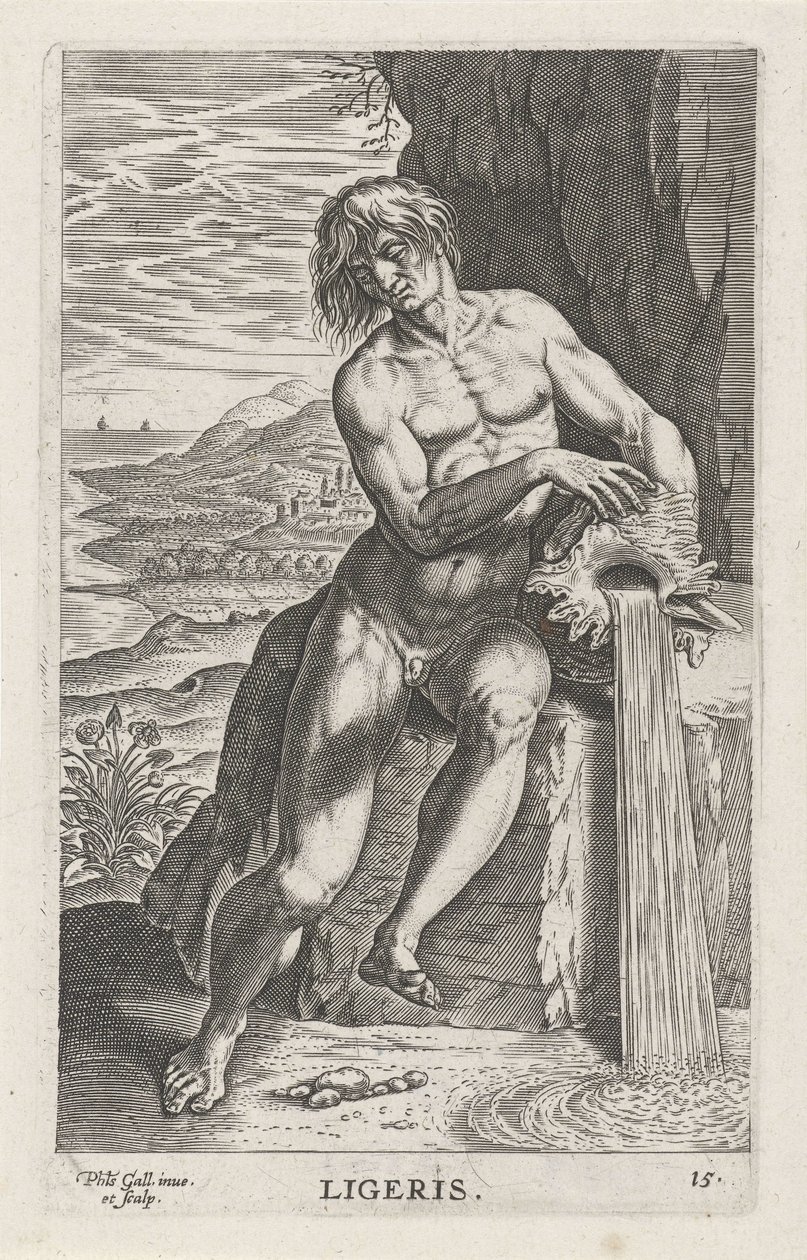 Riviergod Ligeris Ligeris (titel på objekt) Rivier- en zeegoden (serietitel) Elegante portrætter af de marine halvguder og Amnicus-sælerne (serietitel) af Philips Galle