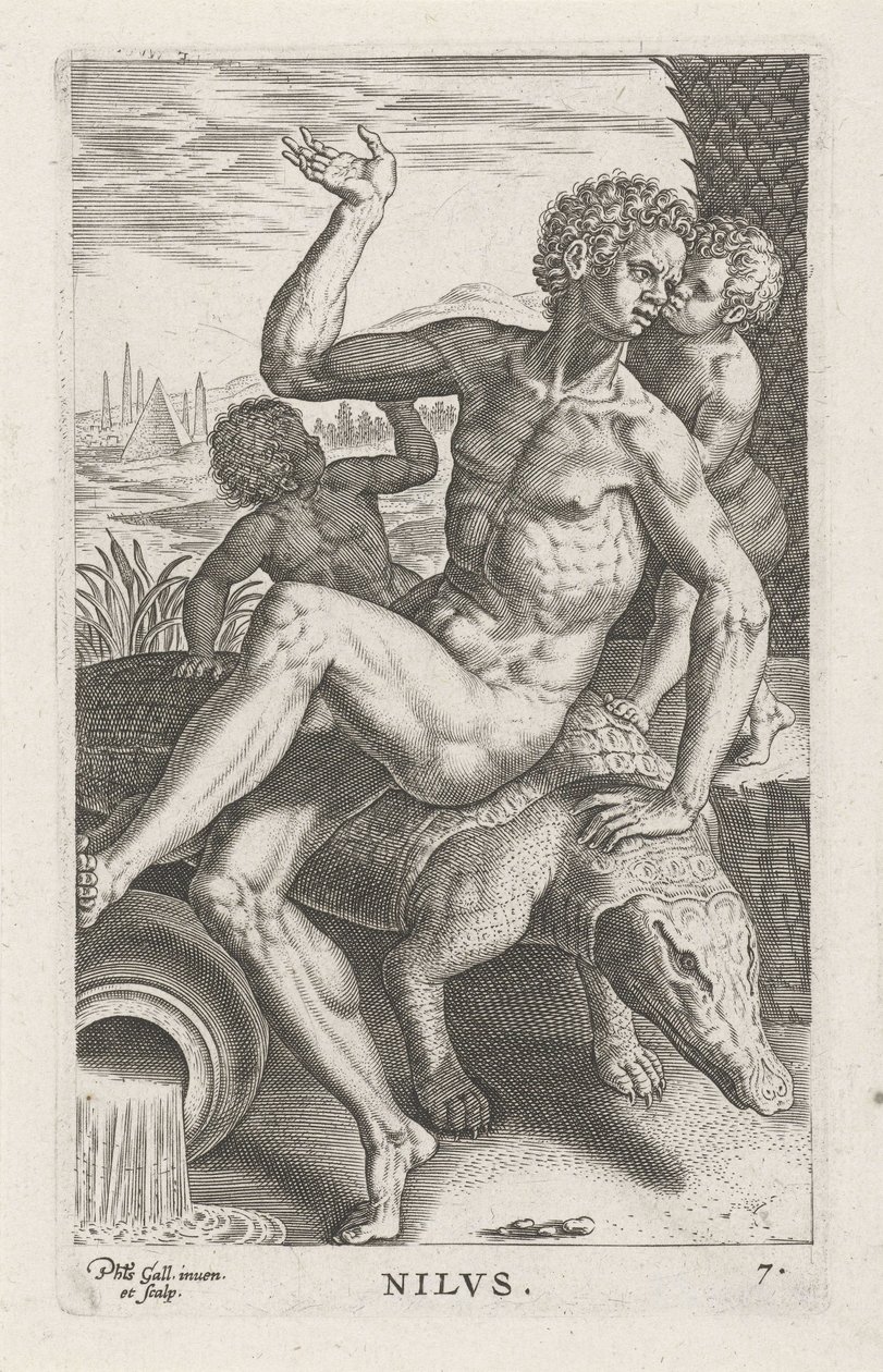 Riviergod Nilen Nilvs (titel på objekt) Rivier- en zeegoden (serietitel) Elegante portrætter af de marine halvguder og Amnicus-sælerne (serietitel) af Philips Galle