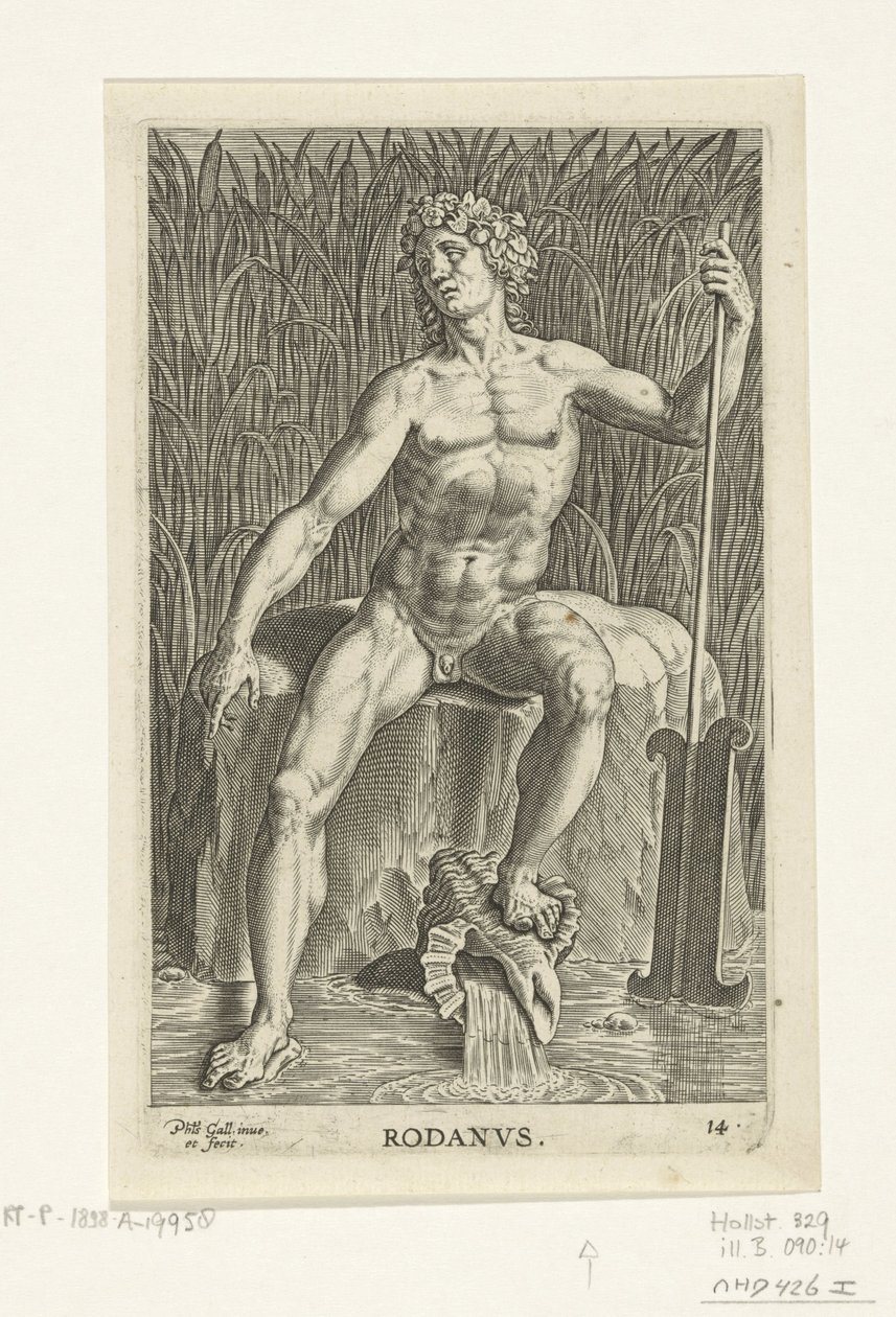 Riviergod Rhone Rodanvs (titel på objekt) Rivier- en zeegoden (serietitel) Elegante portrætter af de marine halvguder og søløverne (serietitel) af Philips Galle