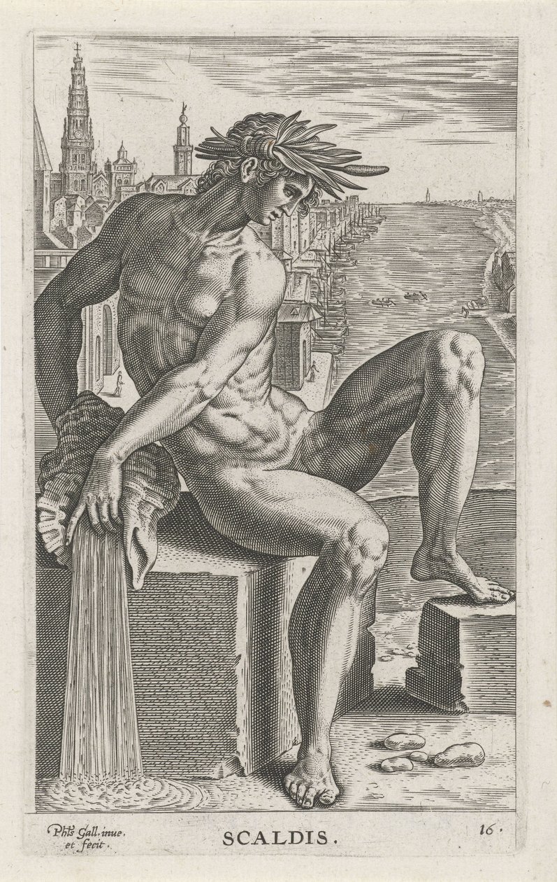 Riviergod Scaldis Scaldis (titel på objekt) Rivier- en zeegoden (serietitel) Elegante portrætter af de marine halvguder og Amnicus-sælerne (serietitel) af Philips Galle