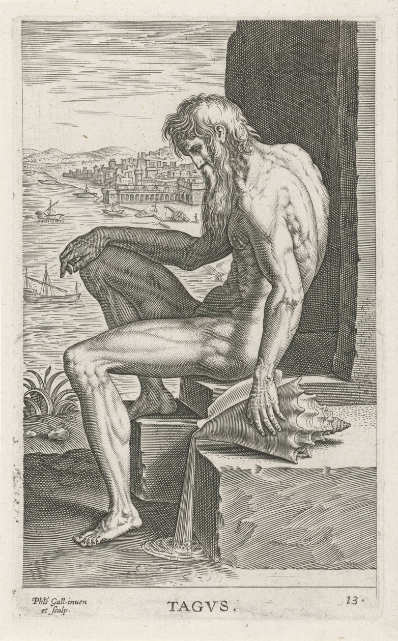 Riviergod Tejo Tagvs (titel på objekt) Rivier- en zeegoden (serietitel) Elegante portrætter af de marine halvguder og Amnicus-sælerne (serietitel) af Philips Galle