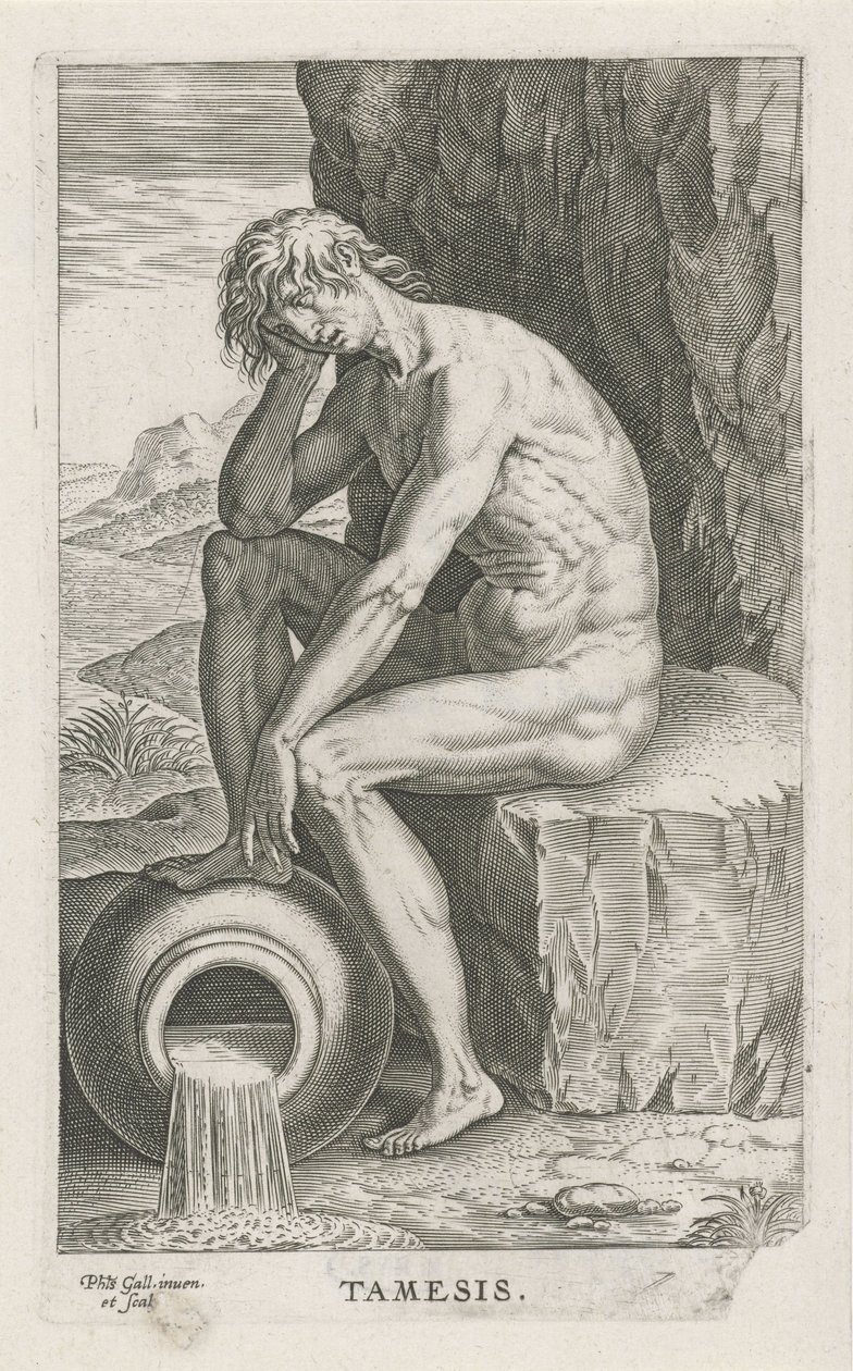 Riviergod Themsen Thames (titel på objekt) Rivier- en zeegoden (serietitel) Elegante portrætter af de marine halvguder og Amnicus-sælerne (serietitel) af Philips Galle