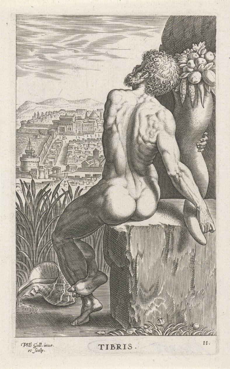 Riviergod Tiber Stammer (titel på objekt) Rivier- en zeegoden (serietitel) Elegante portrætter af de marine halvguder og Amnicus-sælerne (serietitel) af Philips Galle