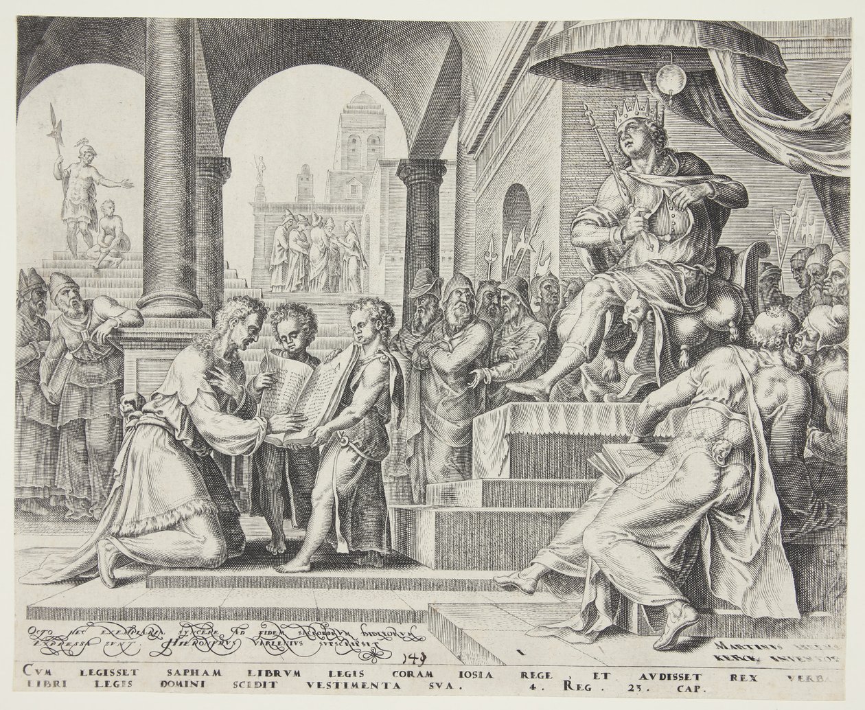 Saphan læser Lovbogen for Josias af Philips Galle