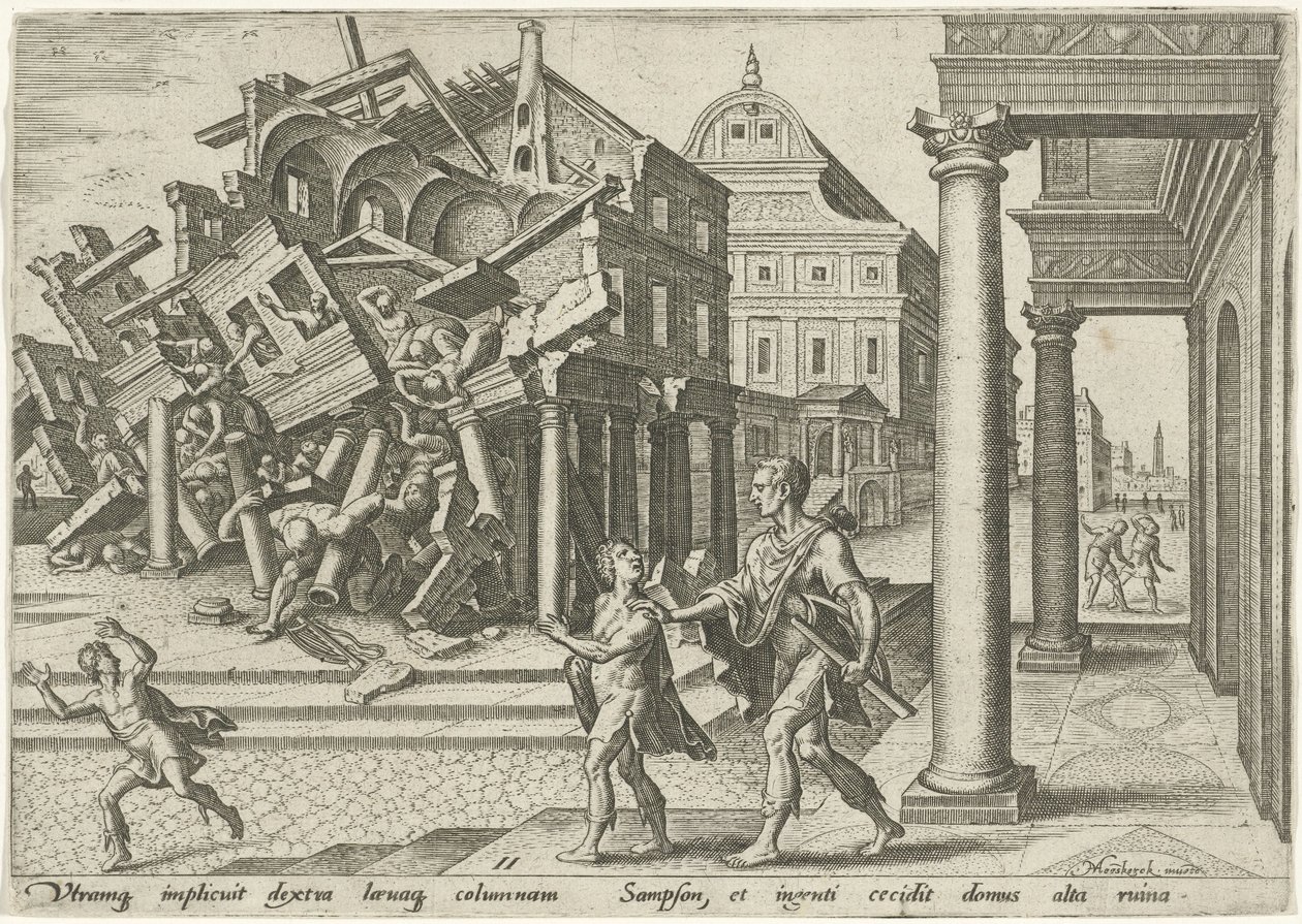 Samson ødelægger filistrenes tempel The Days of Doom of the Jewish People (serietitel) af Philips Galle