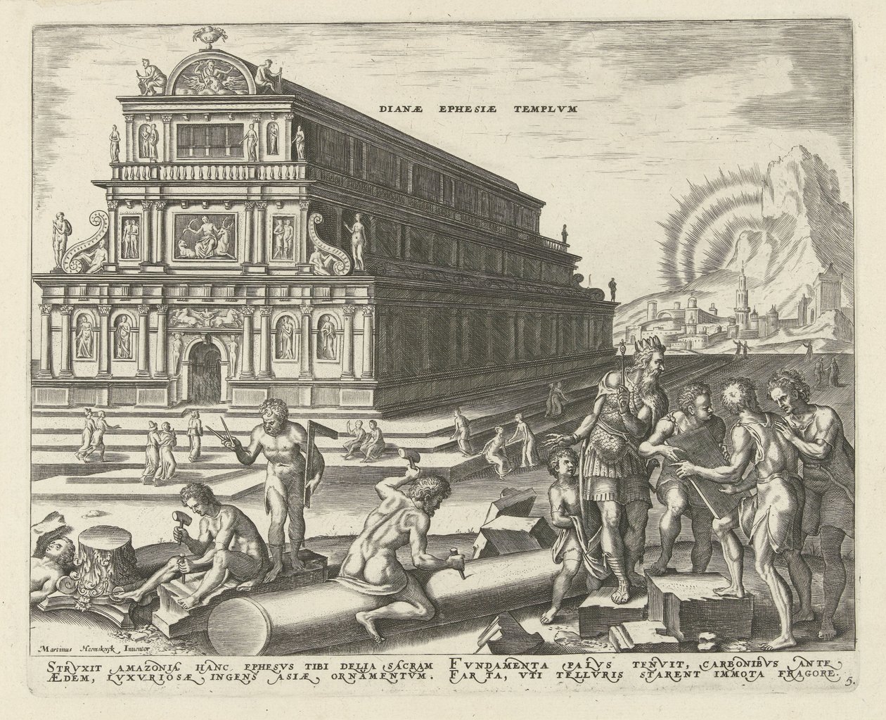 Dianas tempel i Efesos Dianae Ephesie templvm (titel på objekt) Verdens otte vidundere (serietitel) af Philips Galle