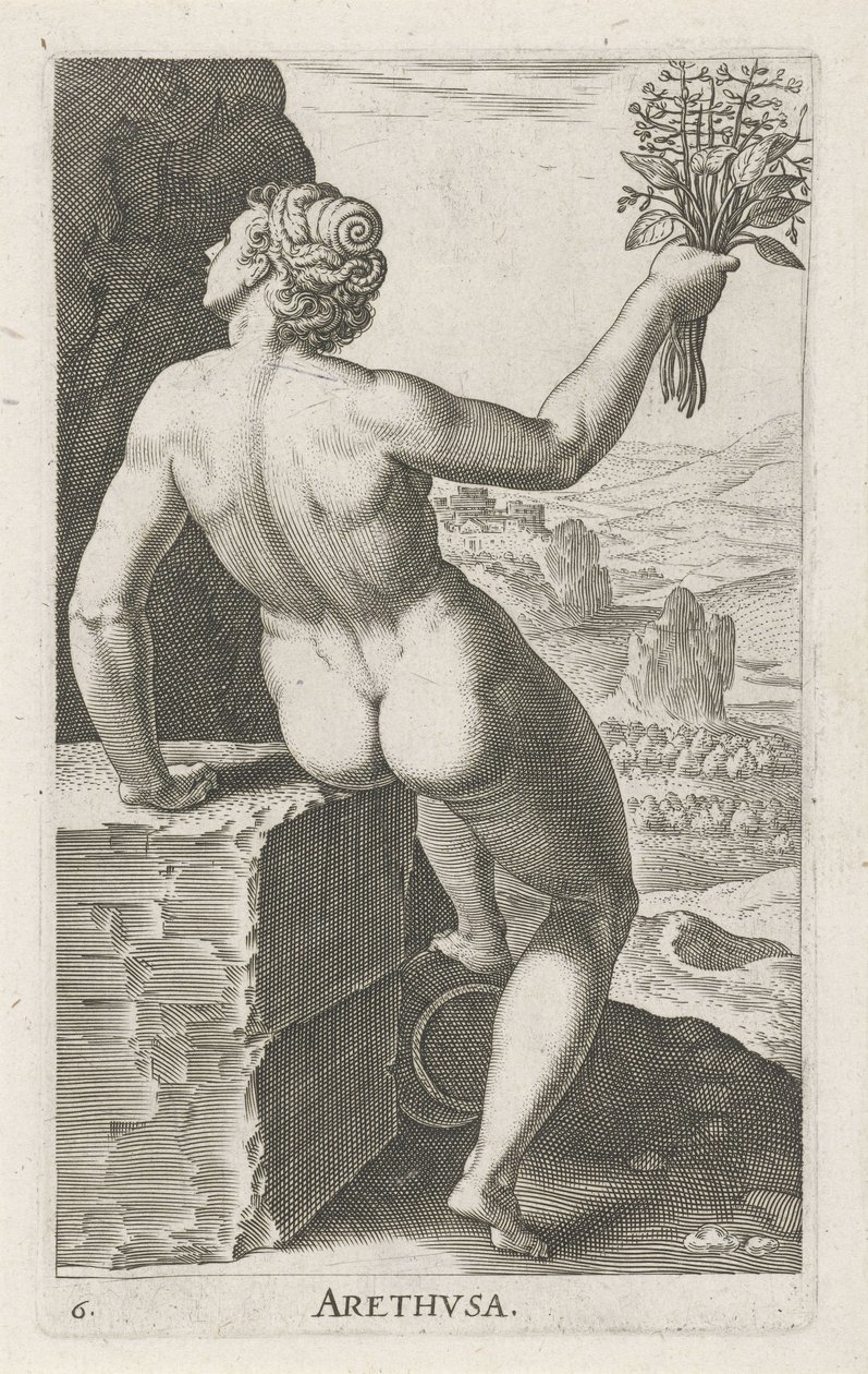 Vandnymfen Arethusa Arthvsa (titel på objekt) Stroom en waternimfen (serietitel) Oceanitid-nymfer, epihidrid potamidus naiad (serietitel) af Philips Galle
