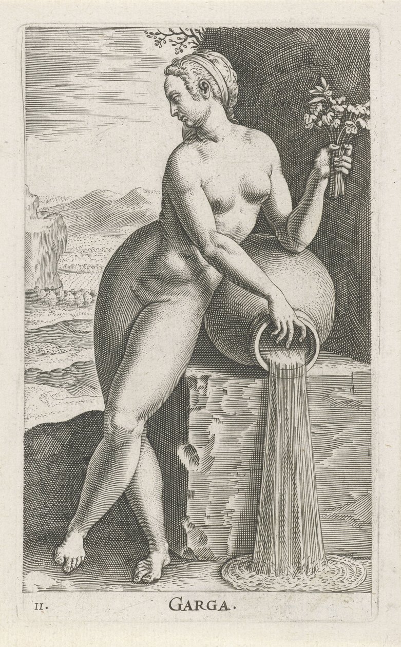 Waternimf Hjælp Garga (titel på objekt) Stroom - en vandnymfe (serietitel) Nympharum oceanitidum, Ephydridum potamidum naiadum (serietitel) af Philips Galle